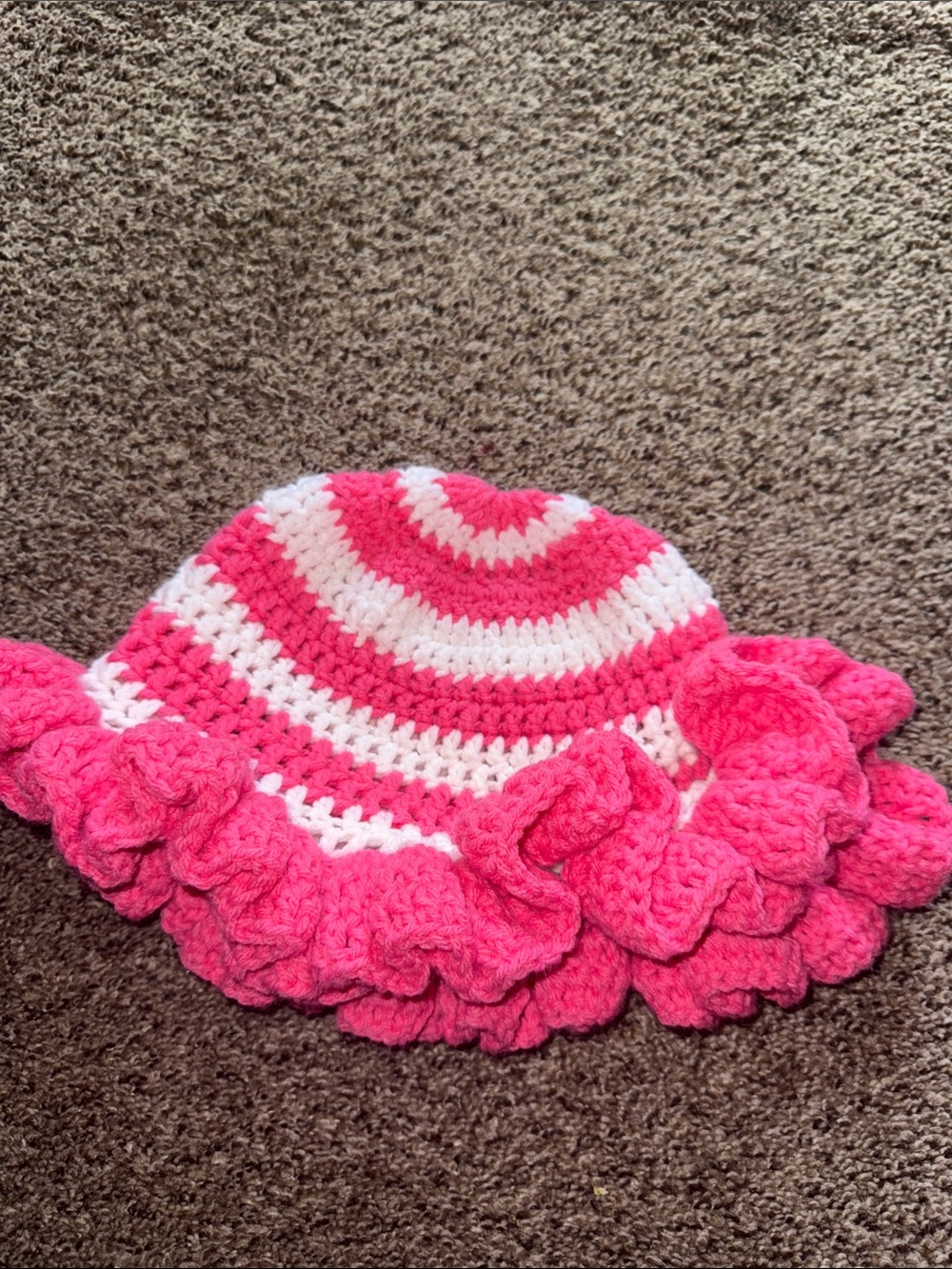 Hand Crafted Hot Pink Crochet Ruffle Kids Hat with Red Trim